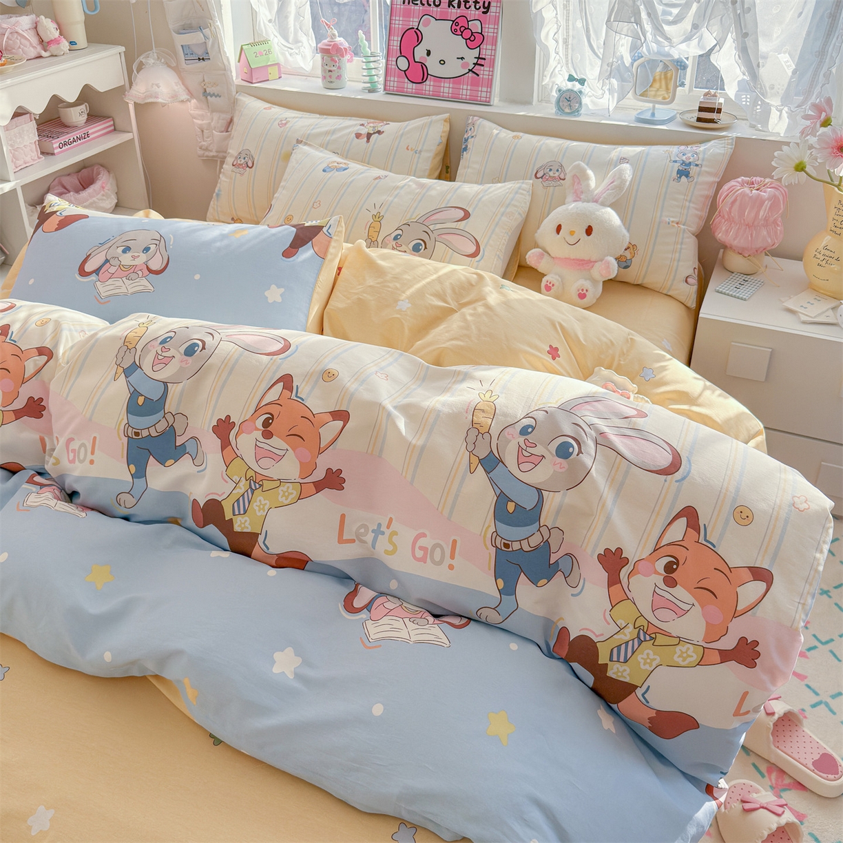 91家纺网 家纺一手货源 找家纺 名兮家居 2026跑量款全棉印花四件套 狐兔小分队