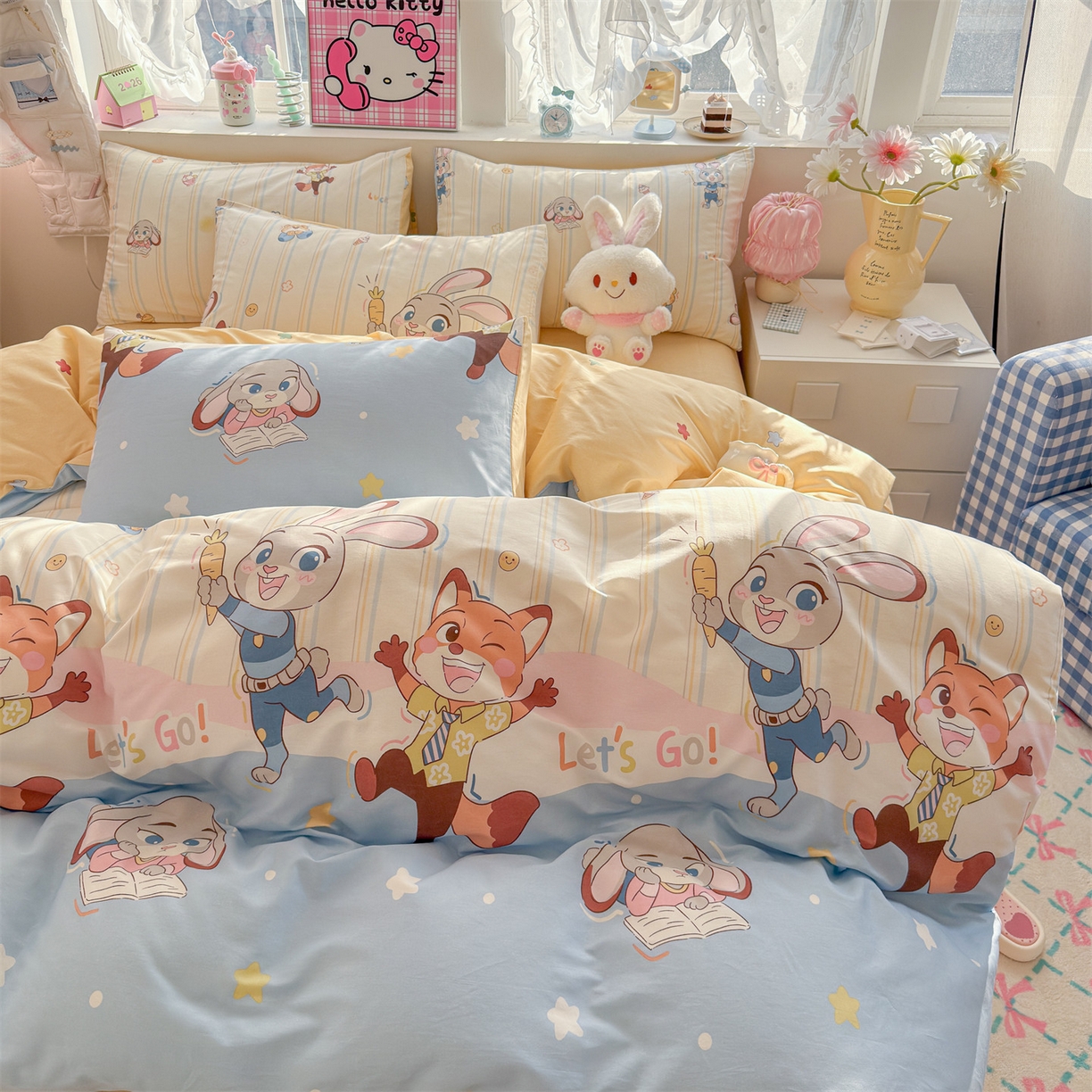 91家纺网 家纺一手货源 找家纺 名兮家居 2026跑量款全棉印花四件套 狐兔小分队