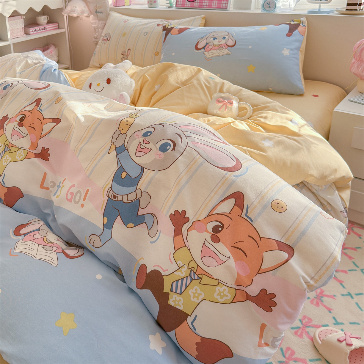 91家纺网 家纺一手货源 找家纺 名兮家居 2026跑量款全棉印花四件套 狐兔小分队