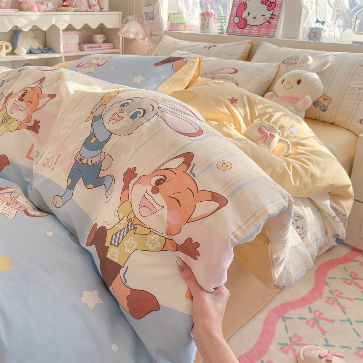 91家纺网 家纺一手货源 找家纺 名兮家居 2026跑量款全棉印花四件套 狐兔小分队