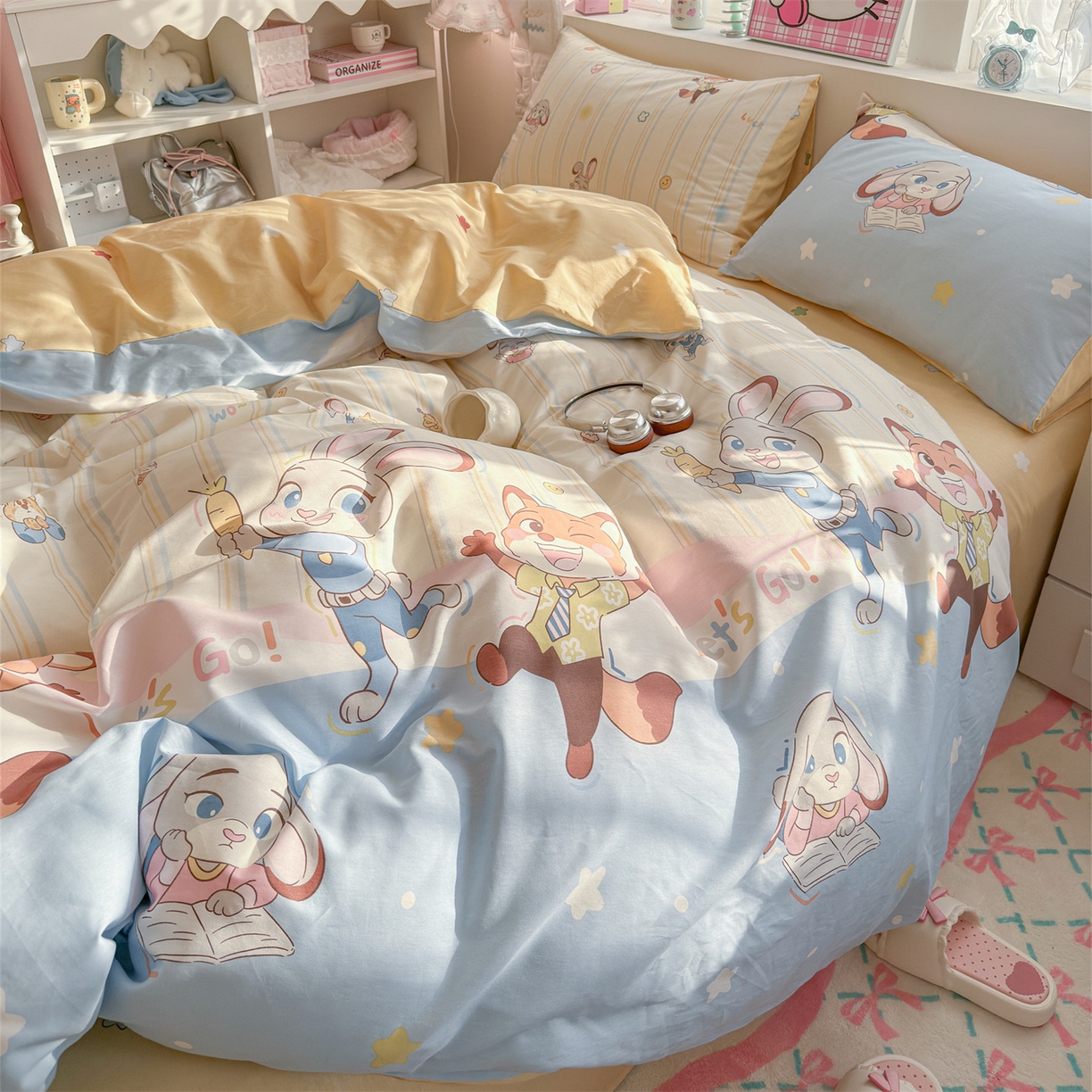 91家纺网 家纺一手货源 找家纺 名兮家居 2026跑量款全棉印花四件套 狐兔小分队