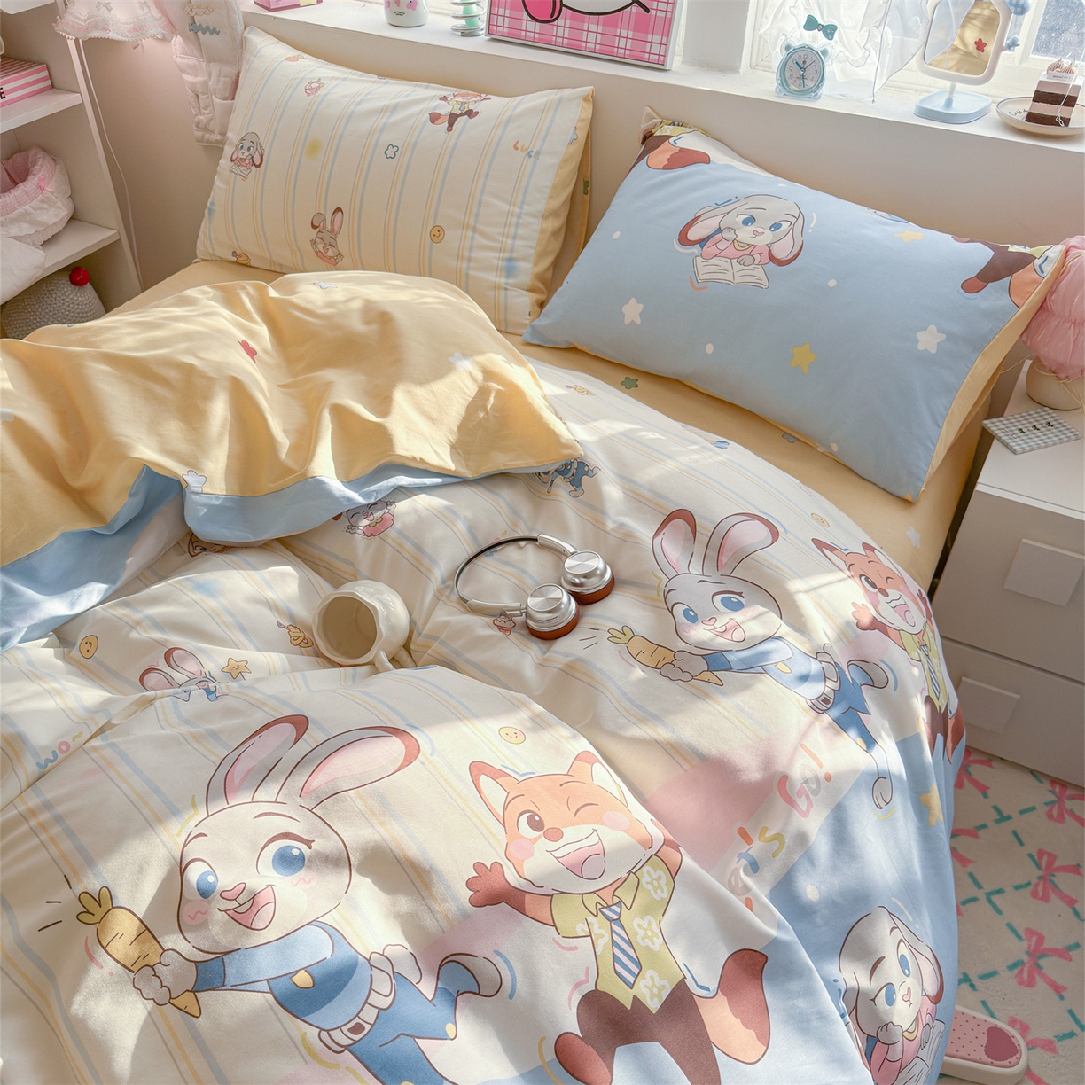 91家纺网 家纺一手货源 找家纺 名兮家居 2026跑量款全棉印花四件套 狐兔小分队