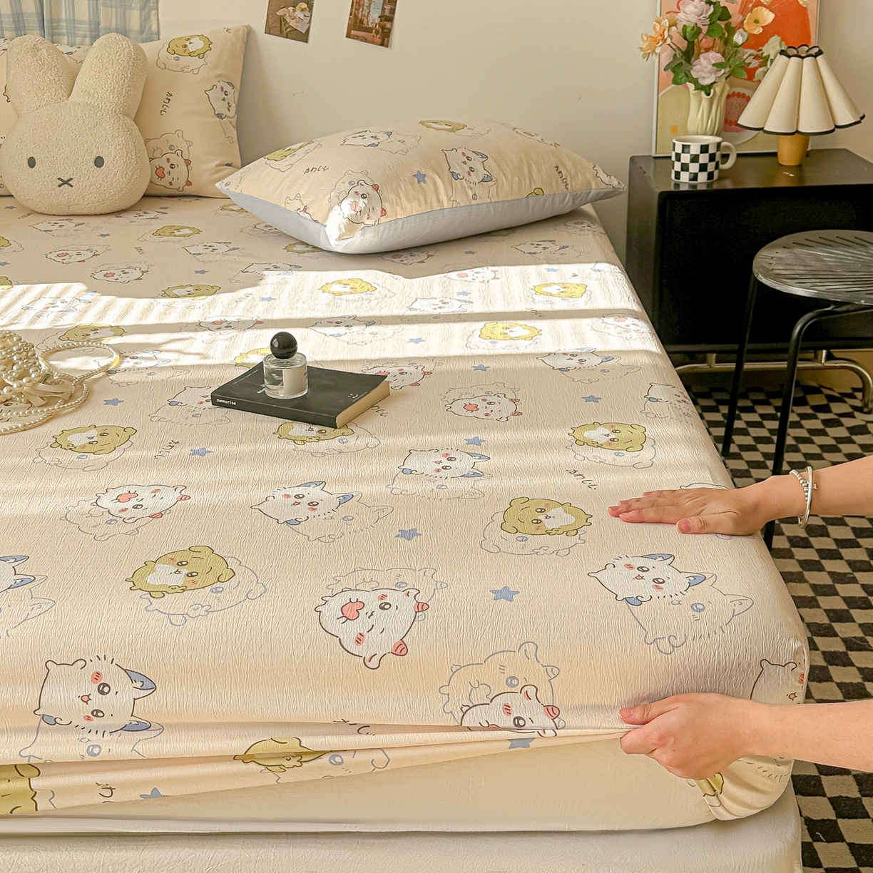 91家纺网 家纺一手货源 找家纺 繁花家居 2026新款泡芙棉云感木棉邹邹纱单床笠床单单件学生床 彩虹萌宠