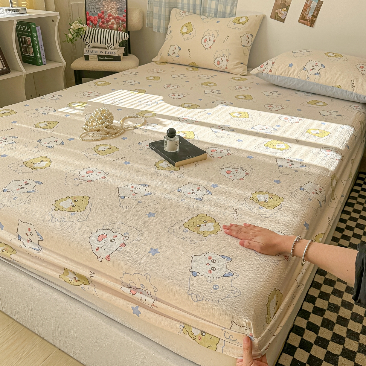 91家纺网 家纺一手货源 找家纺 繁花家居 2026新款泡芙棉云感木棉邹邹纱单床笠床单单件学生床 彩虹萌宠