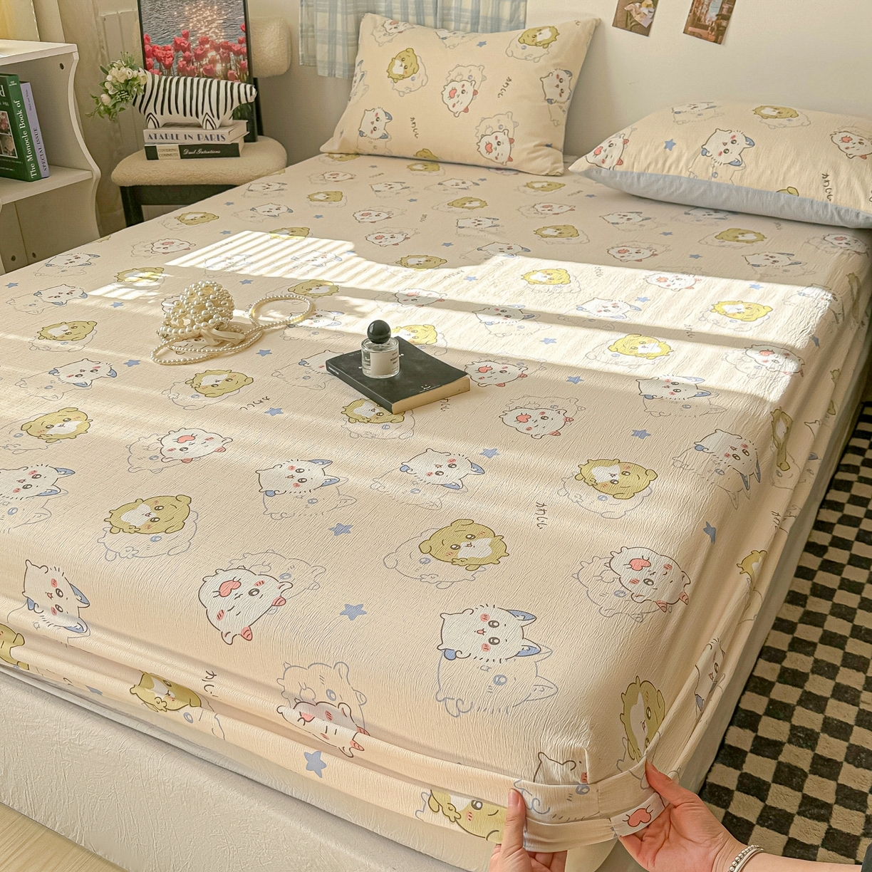 91家纺网 家纺一手货源 找家纺 繁花家居 2026新款泡芙棉云感木棉邹邹纱单床笠床单单件学生床 彩虹萌宠