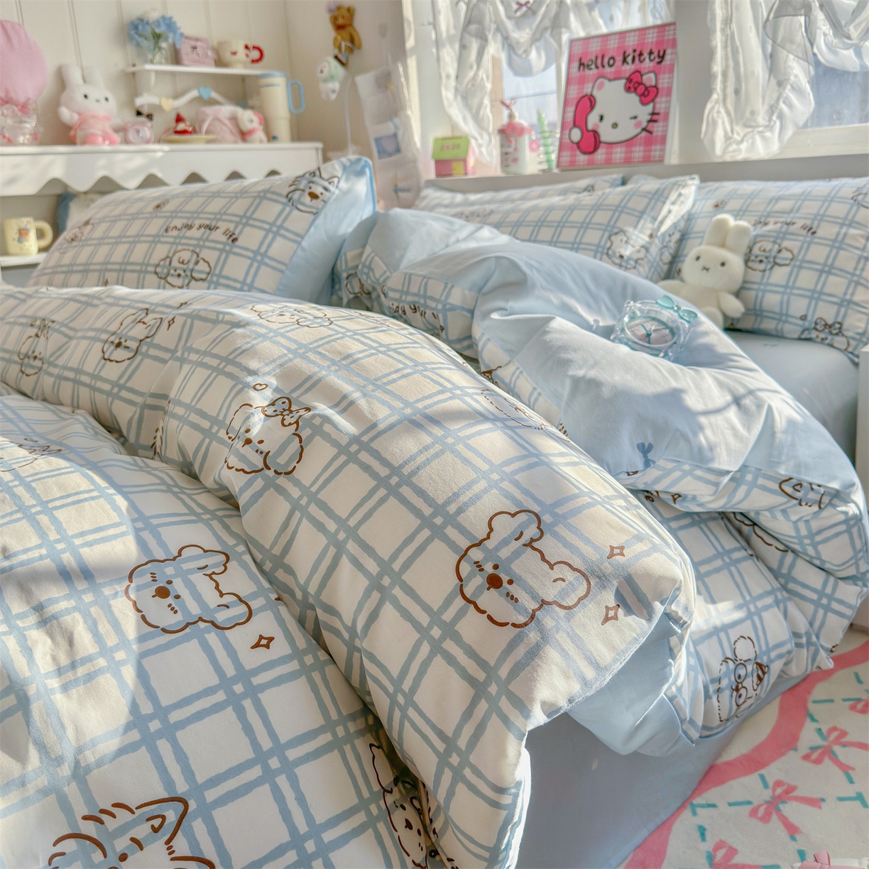 名兮家居 2026跑量款全棉印花四件套 蓝格小狗