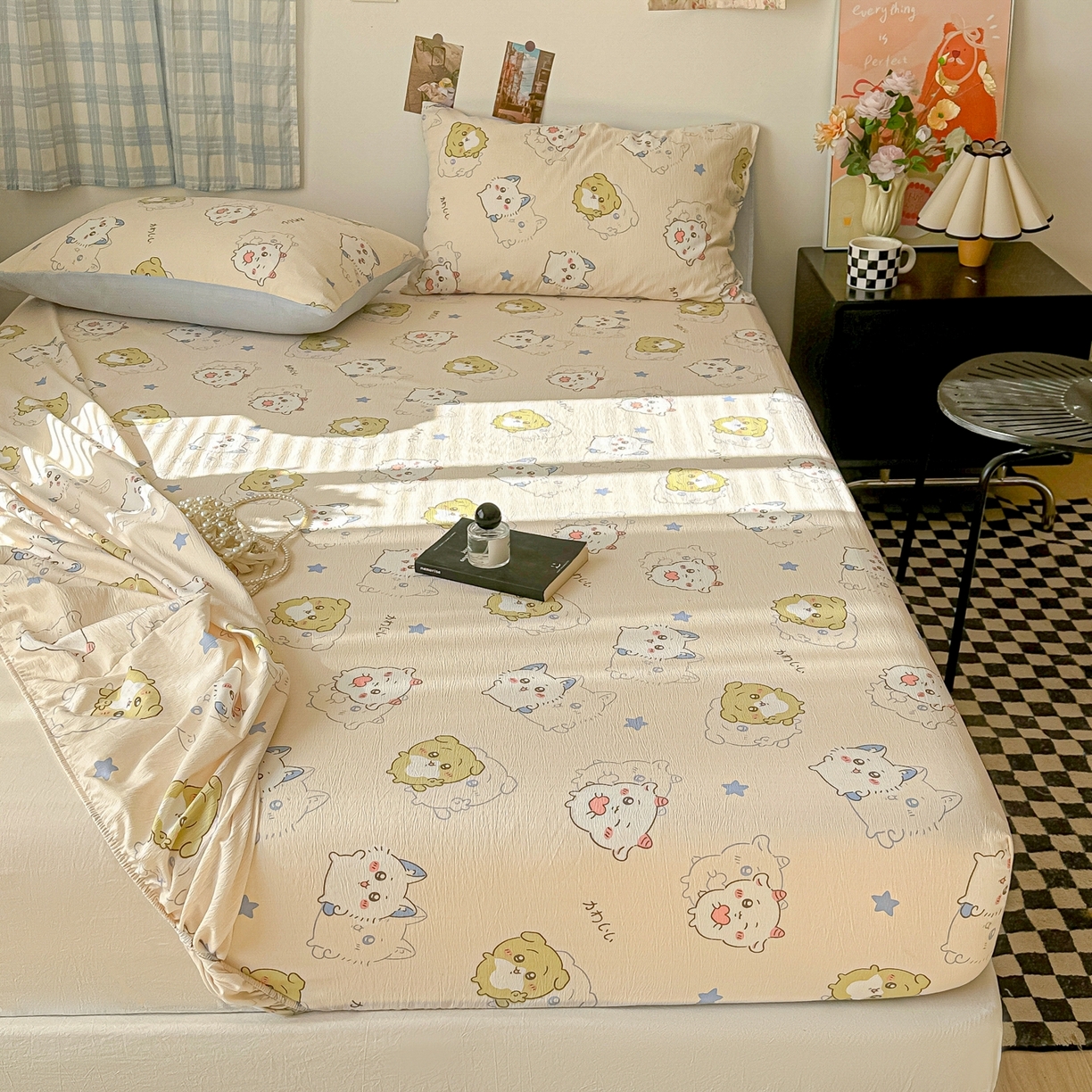 91家纺网 家纺一手货源 找家纺 繁花家居 2026新款泡芙棉云感木棉邹邹纱单床笠床单单件学生床 彩虹萌宠