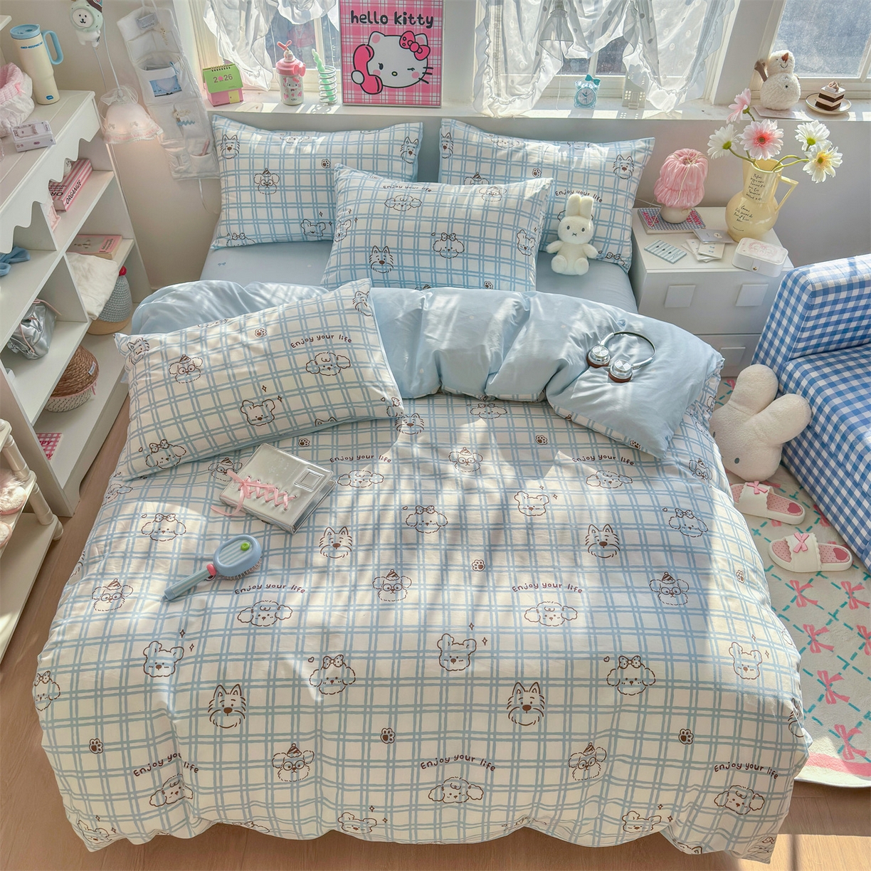 91家纺网 家纺一手货源 找家纺 名兮家居 2026跑量款全棉印花四件套 蓝格小狗