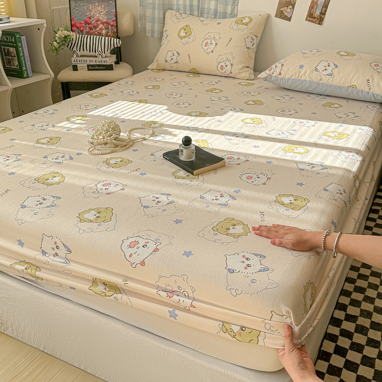 91家纺网 家纺一手货源 找家纺 繁花家居 2026新款泡芙棉云感木棉邹邹纱单床笠床单单件学生床 彩虹萌宠