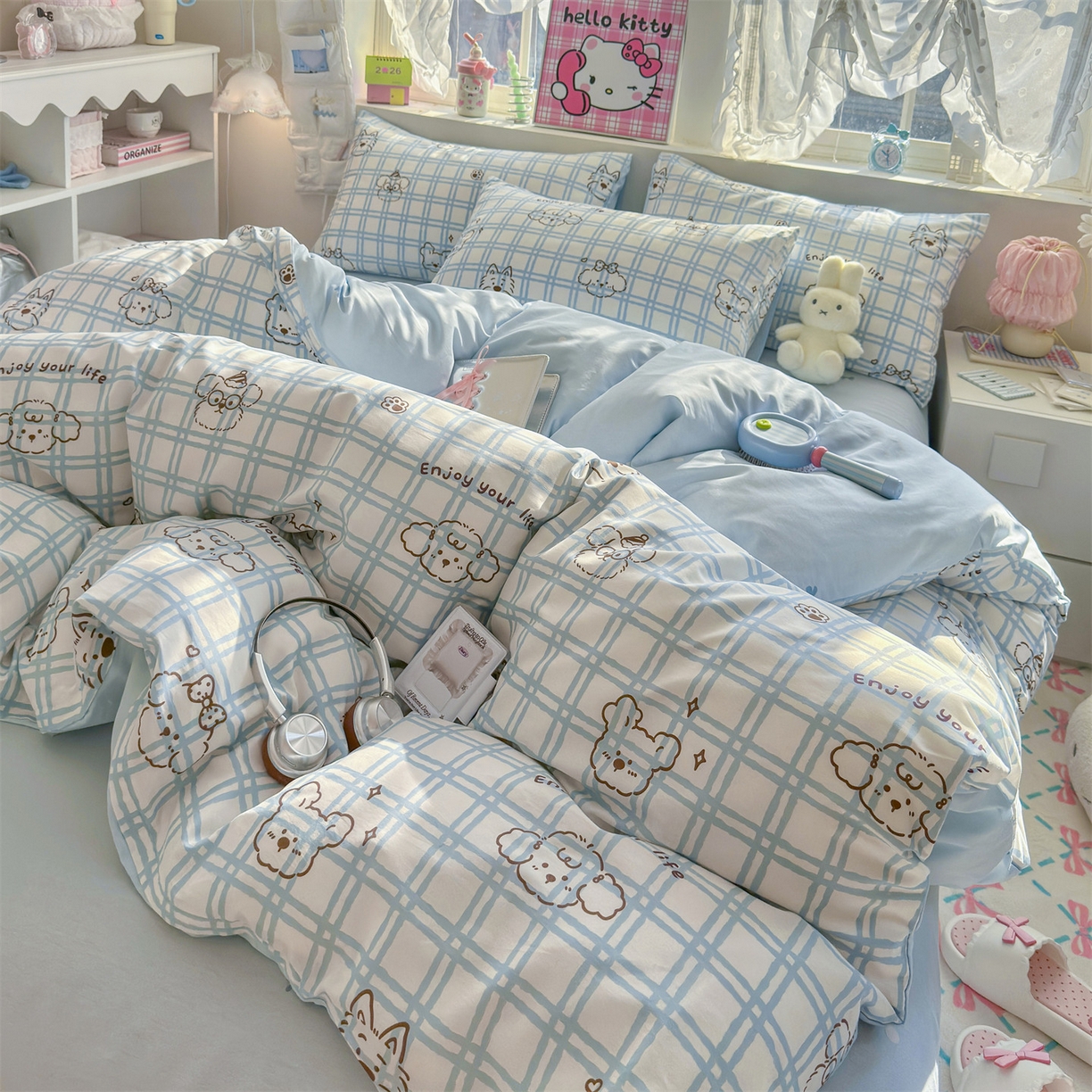 91家纺网 家纺一手货源 找家纺 名兮家居 2026跑量款全棉印花四件套 蓝格小狗