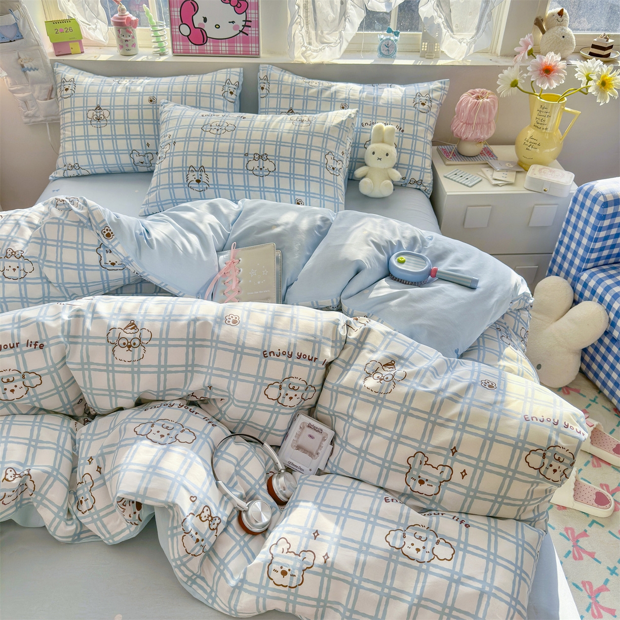 91家纺网 家纺一手货源 找家纺 名兮家居 2026跑量款全棉印花四件套 蓝格小狗