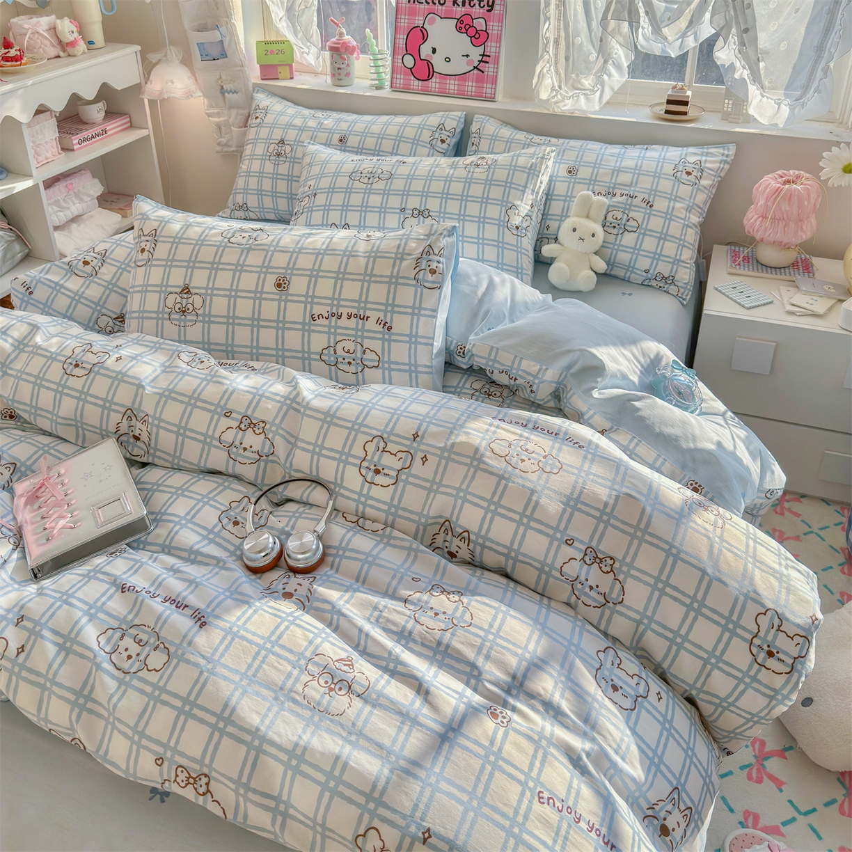 91家纺网 家纺一手货源 找家纺 名兮家居 2026跑量款全棉印花四件套 蓝格小狗