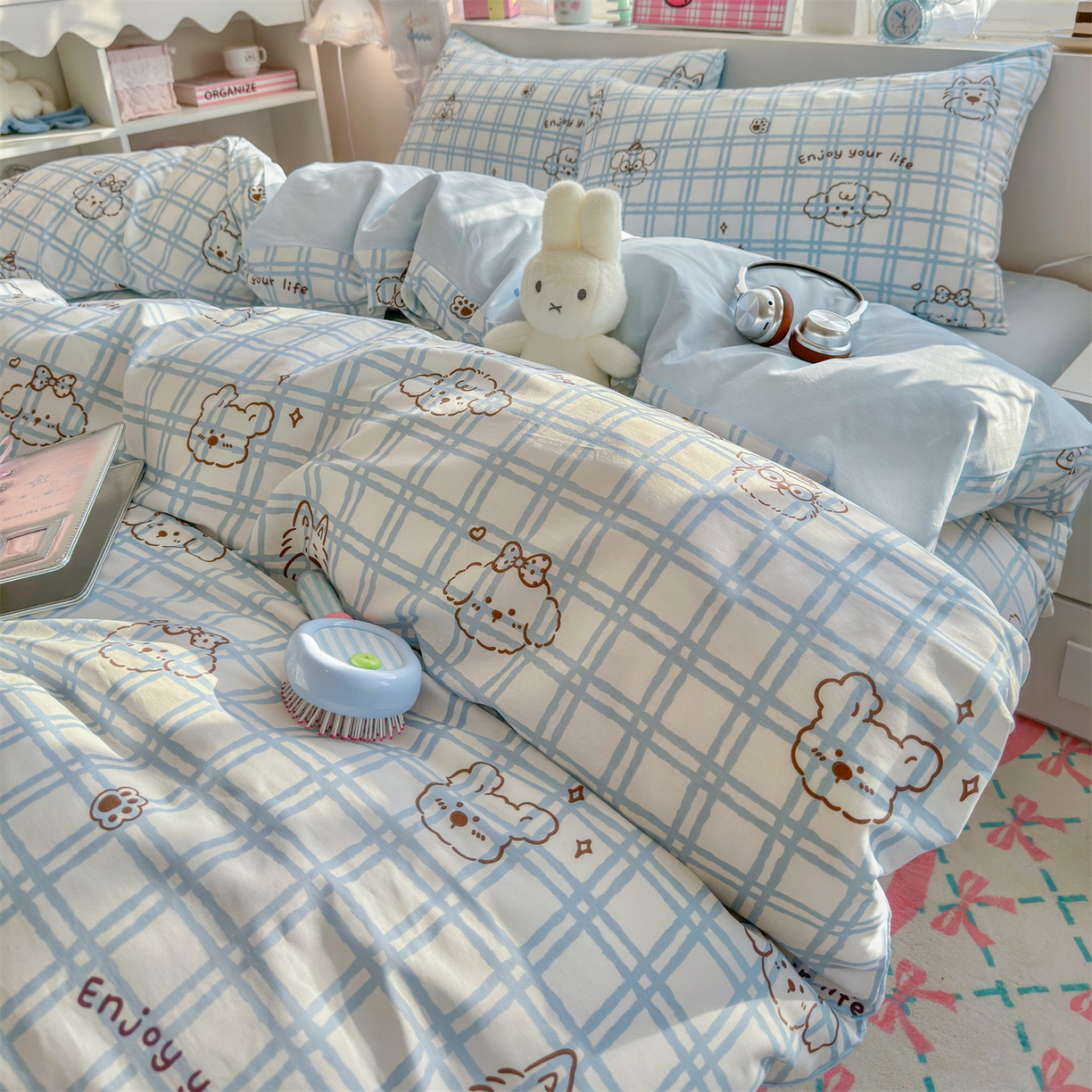 91家纺网 家纺一手货源 找家纺 名兮家居 2026跑量款全棉印花四件套 蓝格小狗