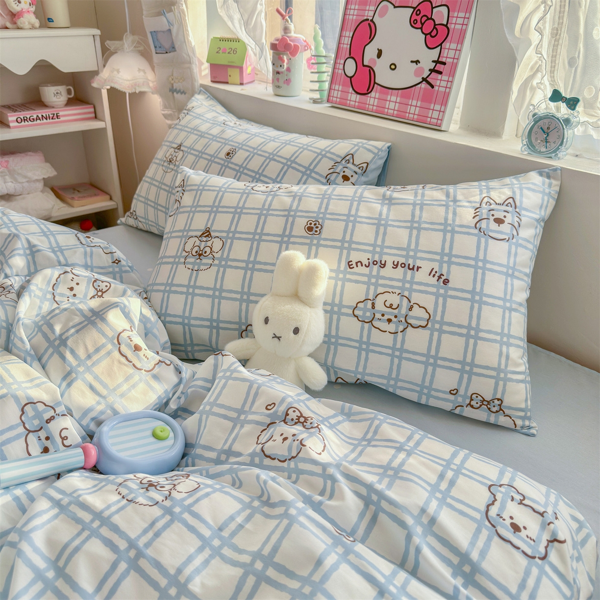 91家纺网 家纺一手货源 找家纺 名兮家居 2026跑量款全棉印花四件套 蓝格小狗