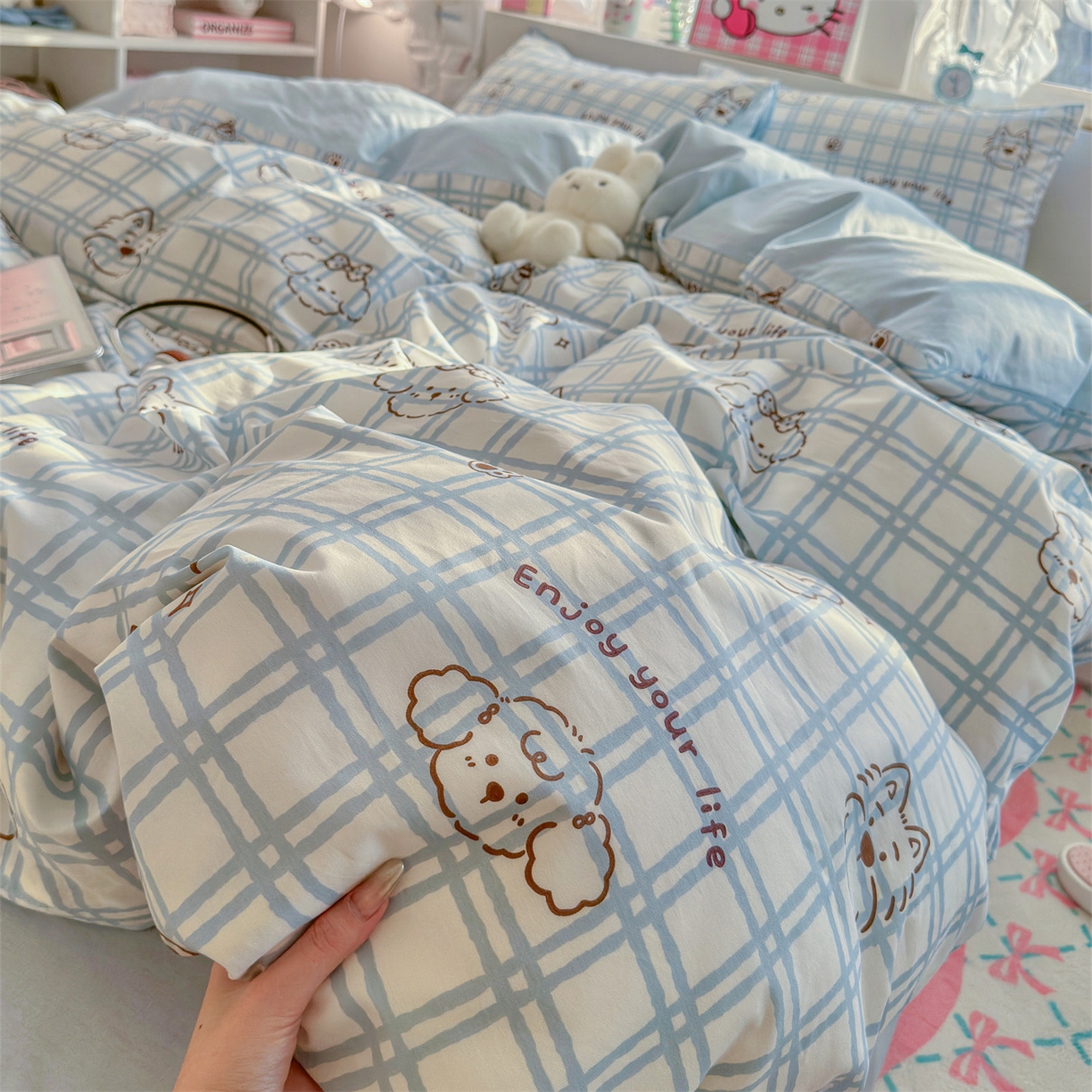 91家纺网 家纺一手货源 找家纺 名兮家居 2026跑量款全棉印花四件套 蓝格小狗