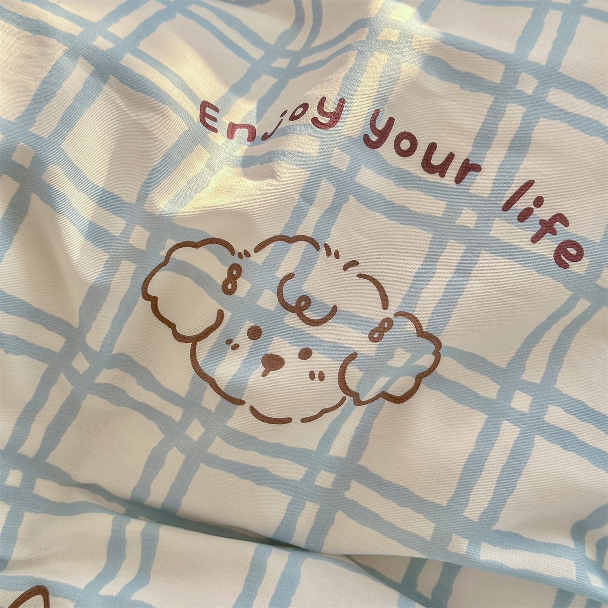 91家纺网 家纺一手货源 找家纺 名兮家居 2026跑量款全棉印花四件套 蓝格小狗