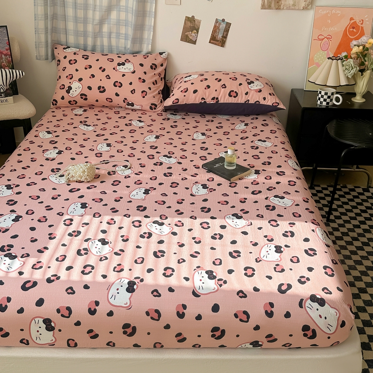 91家纺网 家纺一手货源 找家纺 繁花家居 2026新款泡芙棉云感木棉邹邹纱单床笠床单单件学生床 粉豹喵爪