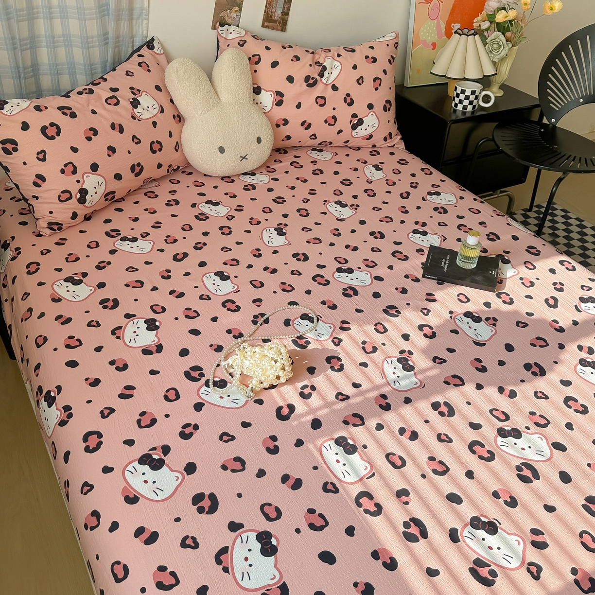 91家纺网 家纺一手货源 找家纺 繁花家居 2026新款泡芙棉云感木棉邹邹纱单床笠床单单件学生床 粉豹喵爪