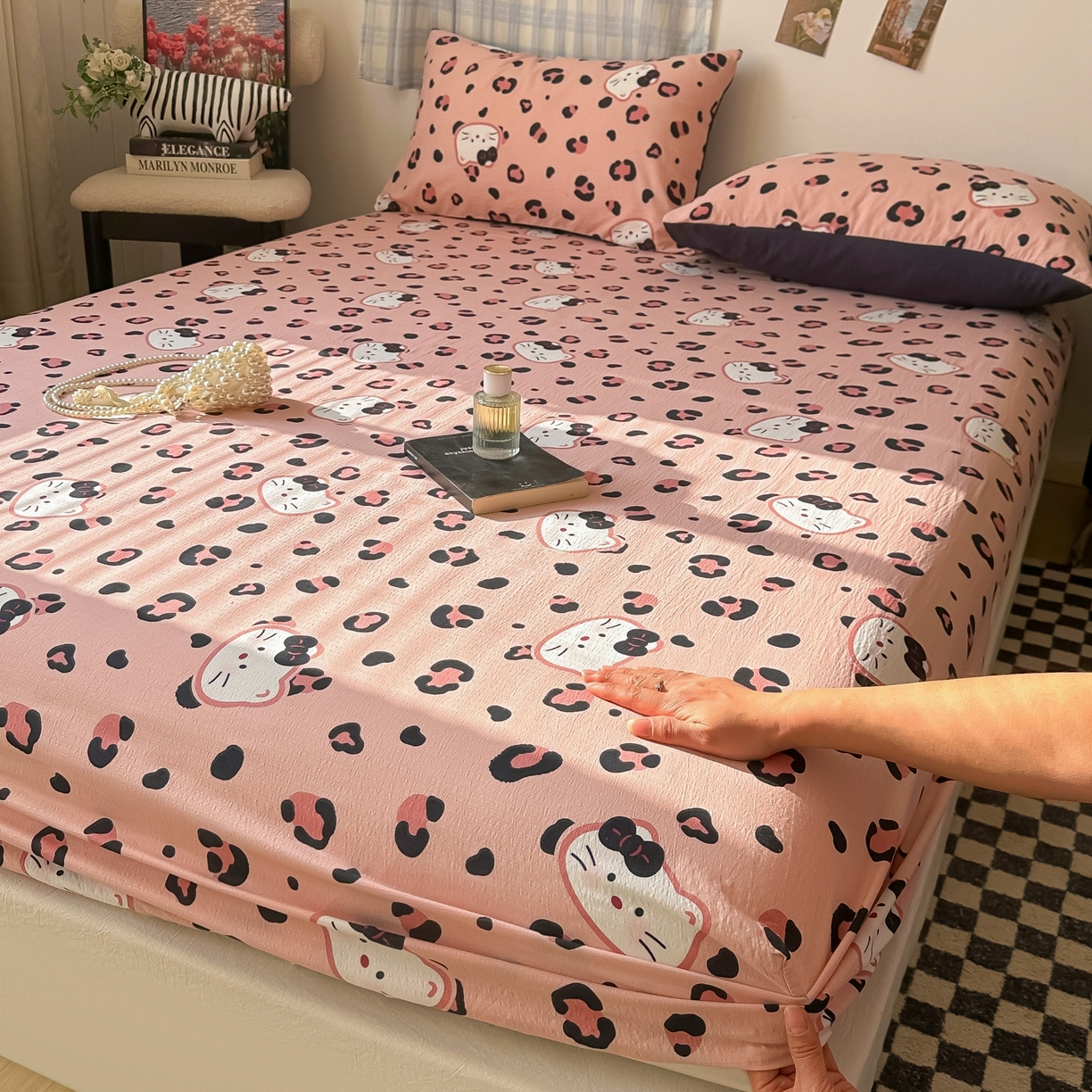 91家纺网 家纺一手货源 找家纺 繁花家居 2026新款泡芙棉云感木棉邹邹纱单床笠床单单件学生床 粉豹喵爪