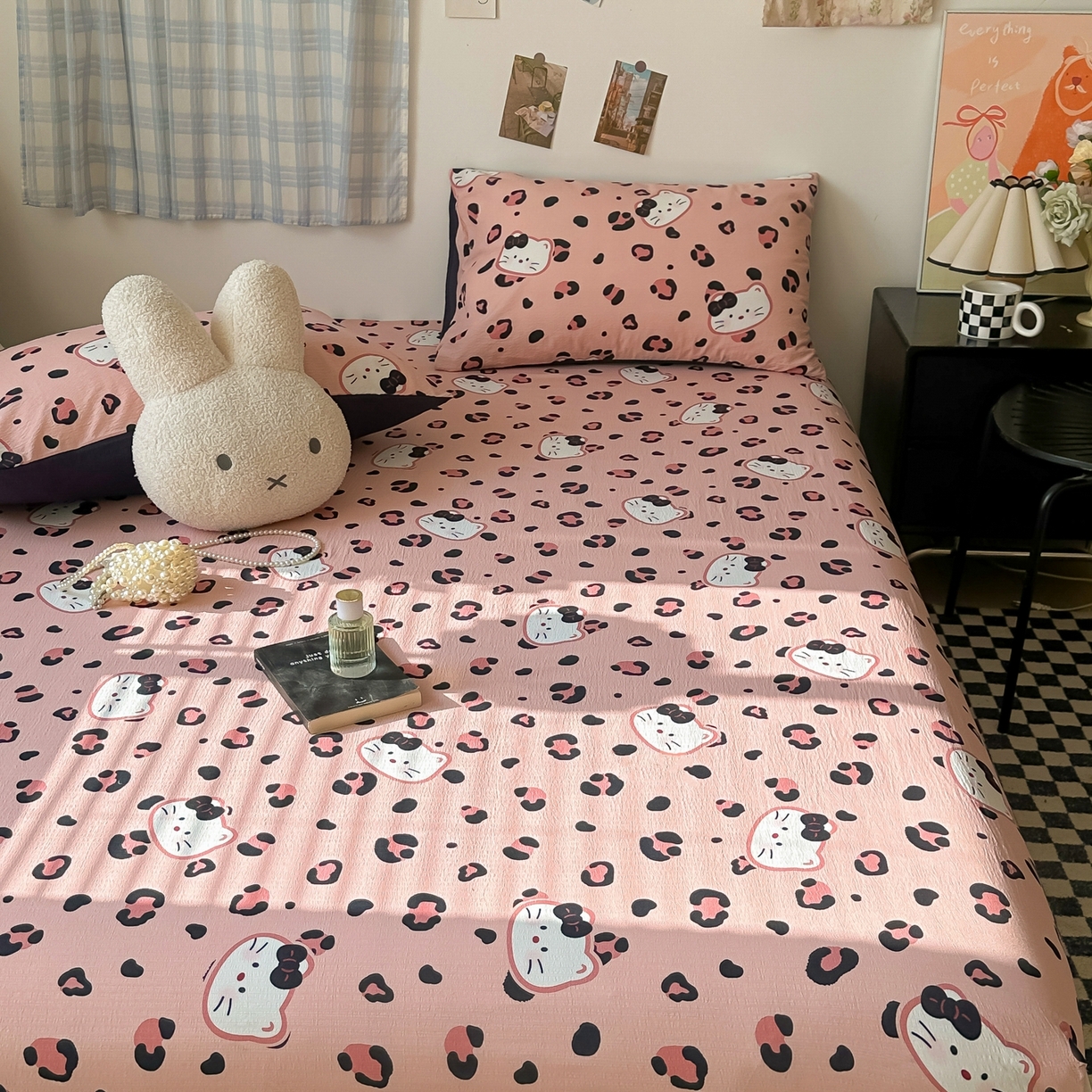 91家纺网 家纺一手货源 找家纺 繁花家居 2026新款泡芙棉云感木棉邹邹纱单床笠床单单件学生床 粉豹喵爪