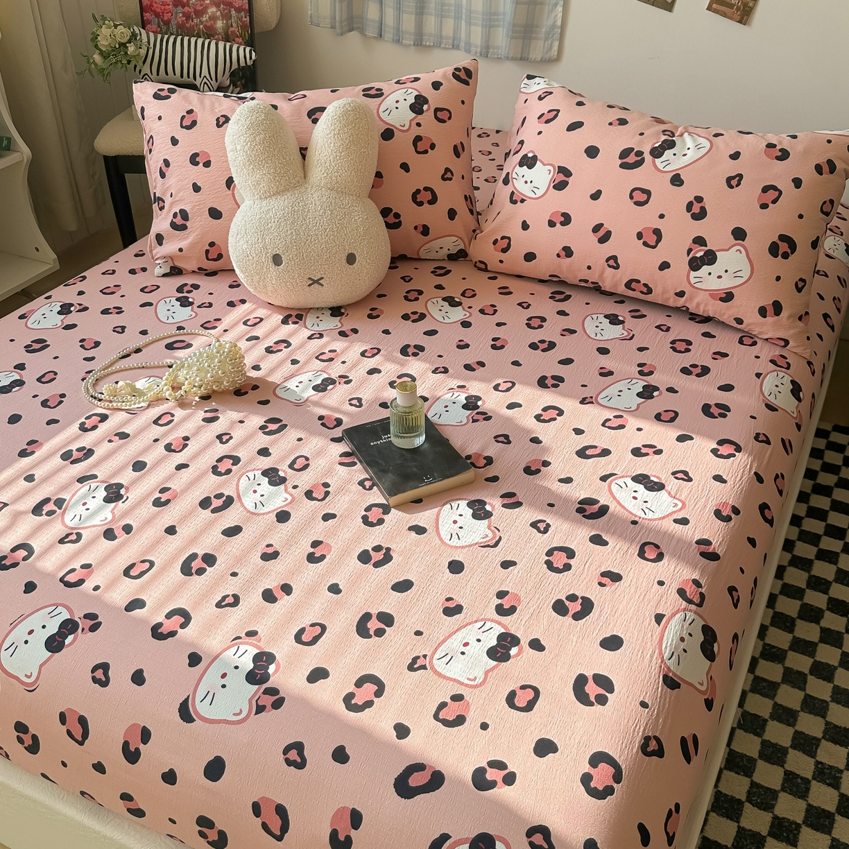 91家纺网 家纺一手货源 找家纺 繁花家居 2026新款泡芙棉云感木棉邹邹纱单床笠床单单件学生床 粉豹喵爪