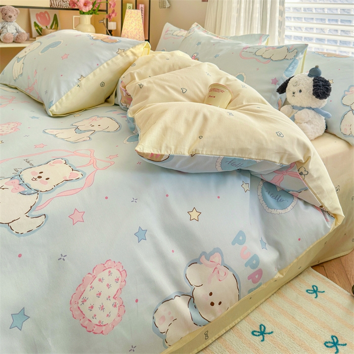 91家纺网 家纺一手货源 找家纺 名兮家居 2026跑量款全棉印花四件套 萌宠-蓝