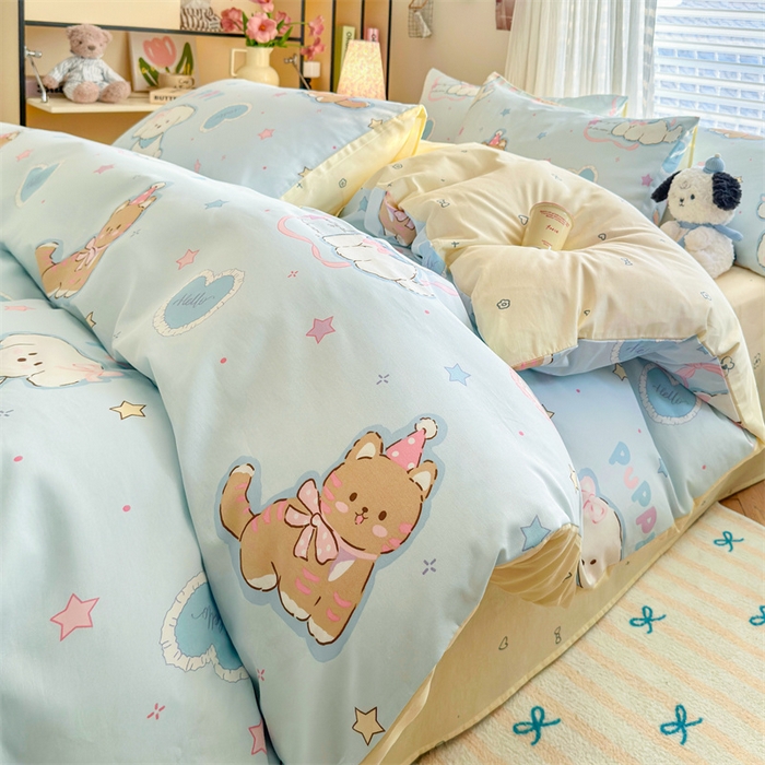 91家纺网 家纺一手货源 找家纺 名兮家居 2026跑量款全棉印花四件套 萌宠-蓝