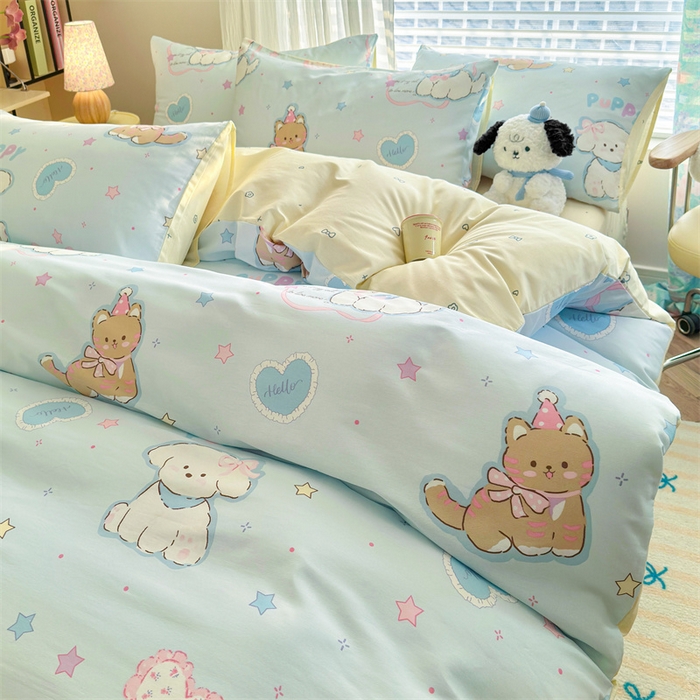 91家纺网 家纺一手货源 找家纺 名兮家居 2026跑量款全棉印花四件套 萌宠-蓝