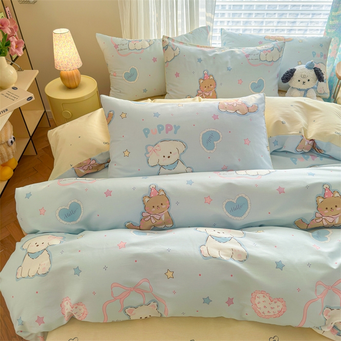 91家纺网 家纺一手货源 找家纺 名兮家居 2026跑量款全棉印花四件套 萌宠-蓝