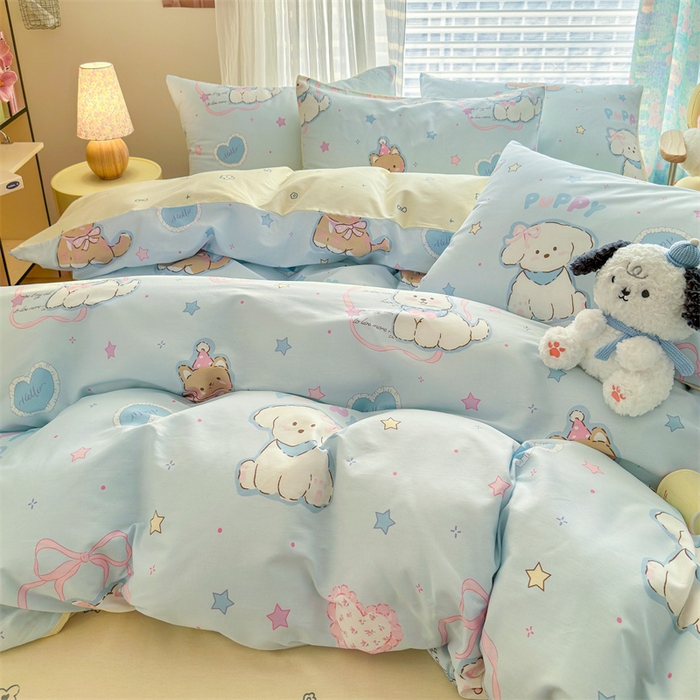 91家纺网 家纺一手货源 找家纺 名兮家居 2026跑量款全棉印花四件套 萌宠-蓝