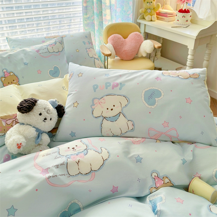 91家纺网 家纺一手货源 找家纺 名兮家居 2026跑量款全棉印花四件套 萌宠-蓝