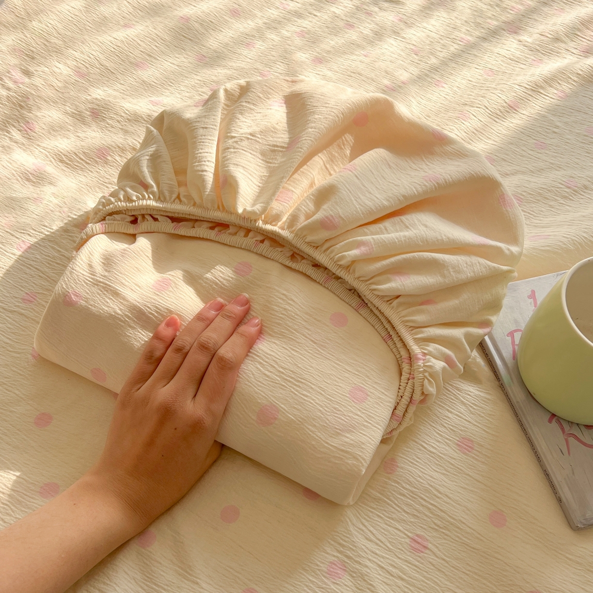 繁花家居 2026新款泡芙棉云感木棉邹邹纱单床笠床单单件学生床 粉光织梦