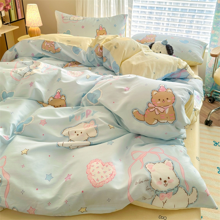 91家纺网 家纺一手货源 找家纺 名兮家居 2026跑量款全棉印花四件套 萌宠-蓝