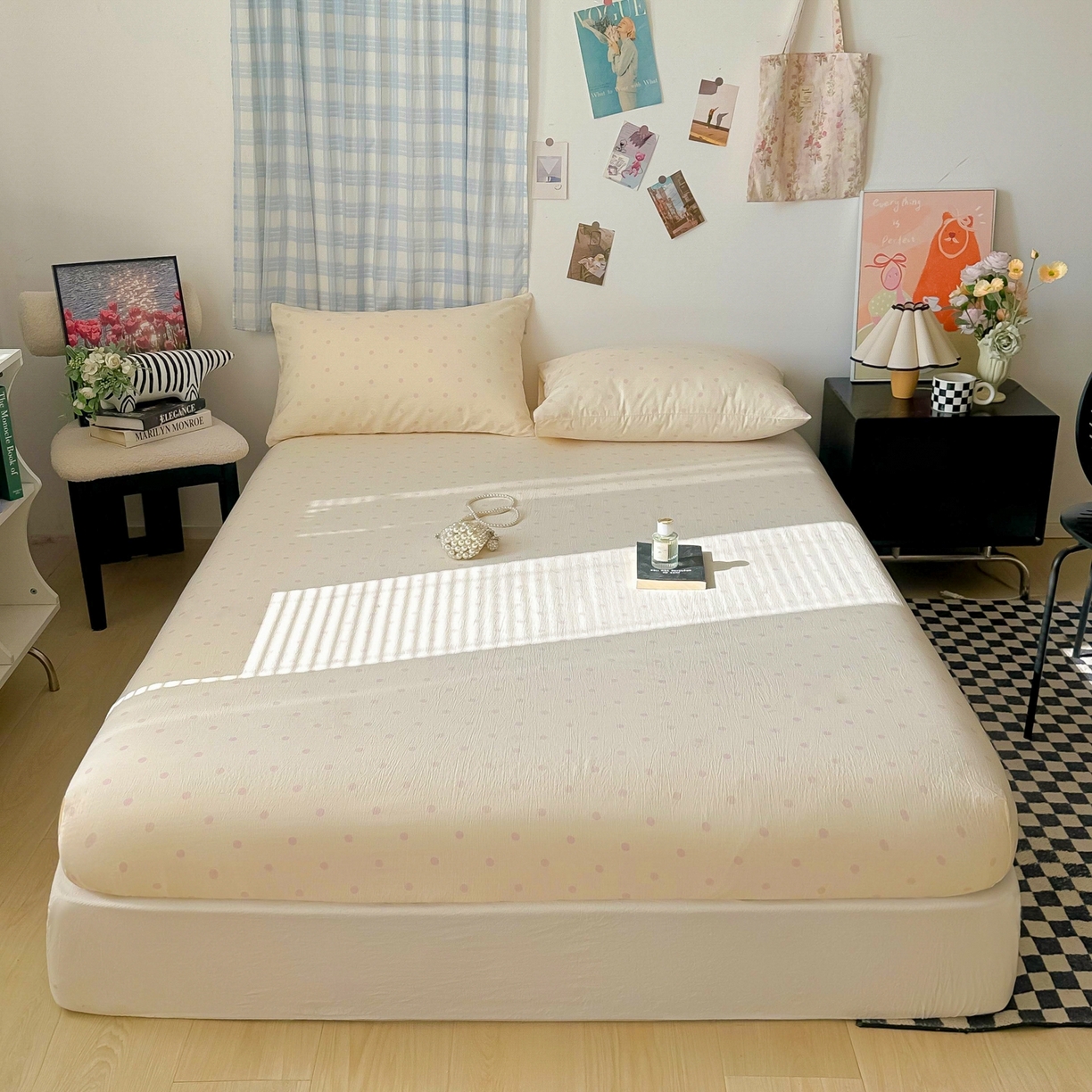 91家纺网 家纺一手货源 找家纺 繁花家居 2026新款泡芙棉云感木棉邹邹纱单床笠床单单件学生床 粉光织梦