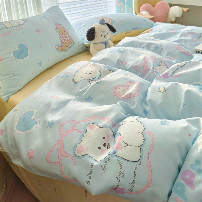 91家纺网 家纺一手货源 找家纺 名兮家居 2026跑量款全棉印花四件套 萌宠-蓝