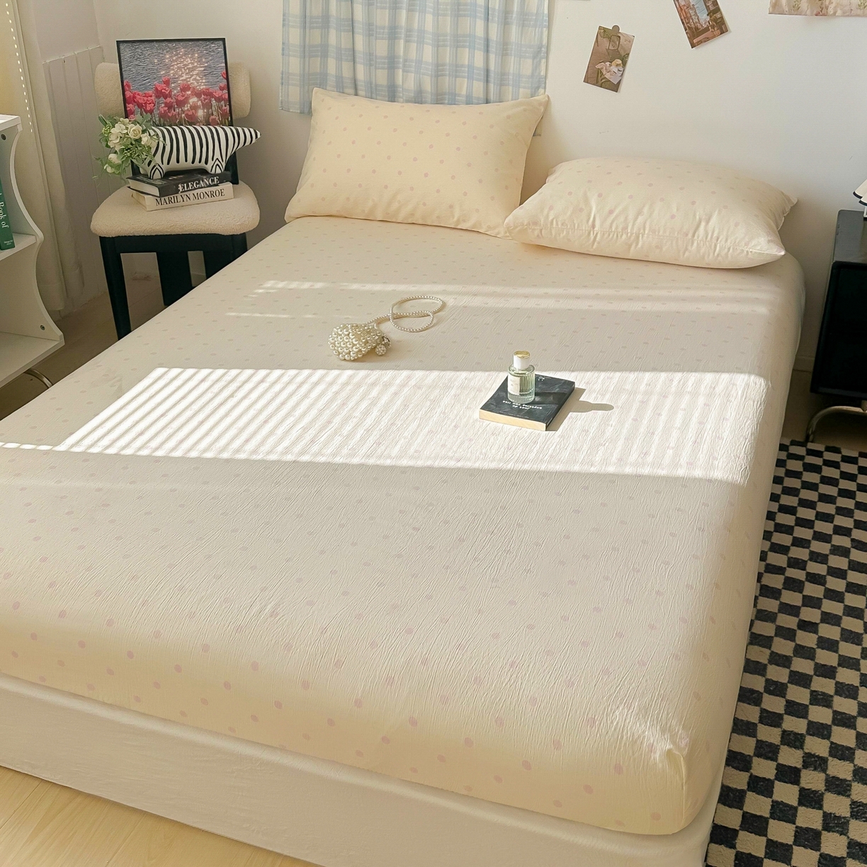 91家纺网 家纺一手货源 找家纺 繁花家居 2026新款泡芙棉云感木棉邹邹纱单床笠床单单件学生床 粉光织梦