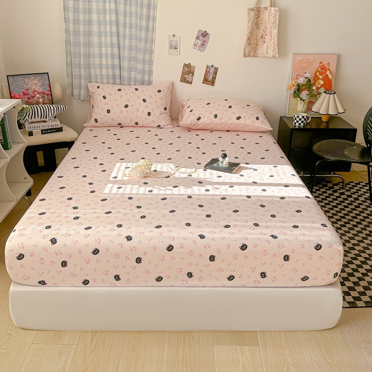 91家纺网 家纺一手货源 找家纺 繁花家居 2026新款泡芙棉云感木棉邹邹纱单床笠床单单件学生床 粉糖喵仔