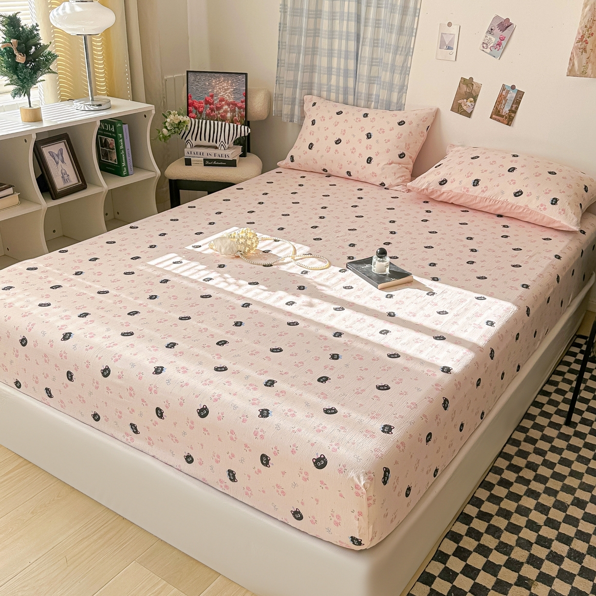 91家纺网 家纺一手货源 找家纺 繁花家居 2026新款泡芙棉云感木棉邹邹纱单床笠床单单件学生床 粉糖喵仔