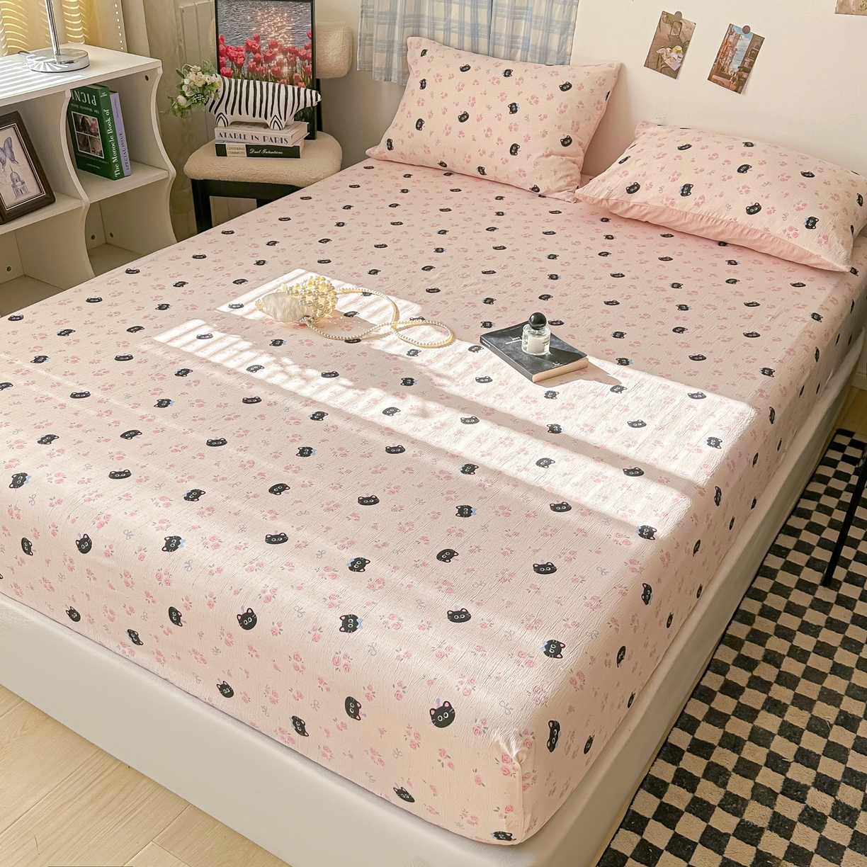 91家纺网 家纺一手货源 找家纺 繁花家居 2026新款泡芙棉云感木棉邹邹纱单床笠床单单件学生床 粉糖喵仔