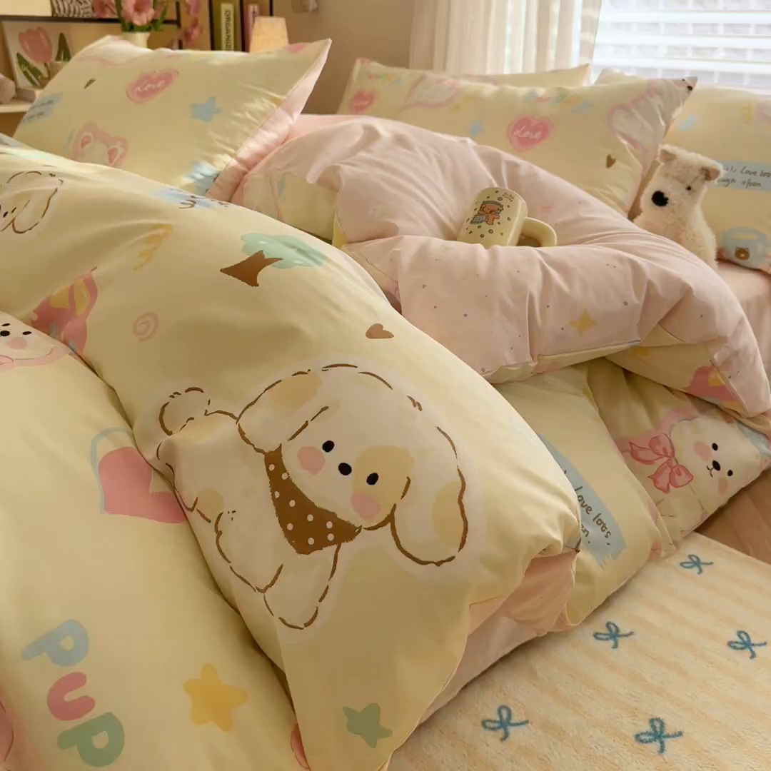 91家纺网 家纺一手货源 找家纺 名兮家居 2026跑量款全棉印花四件套 萌宠-米