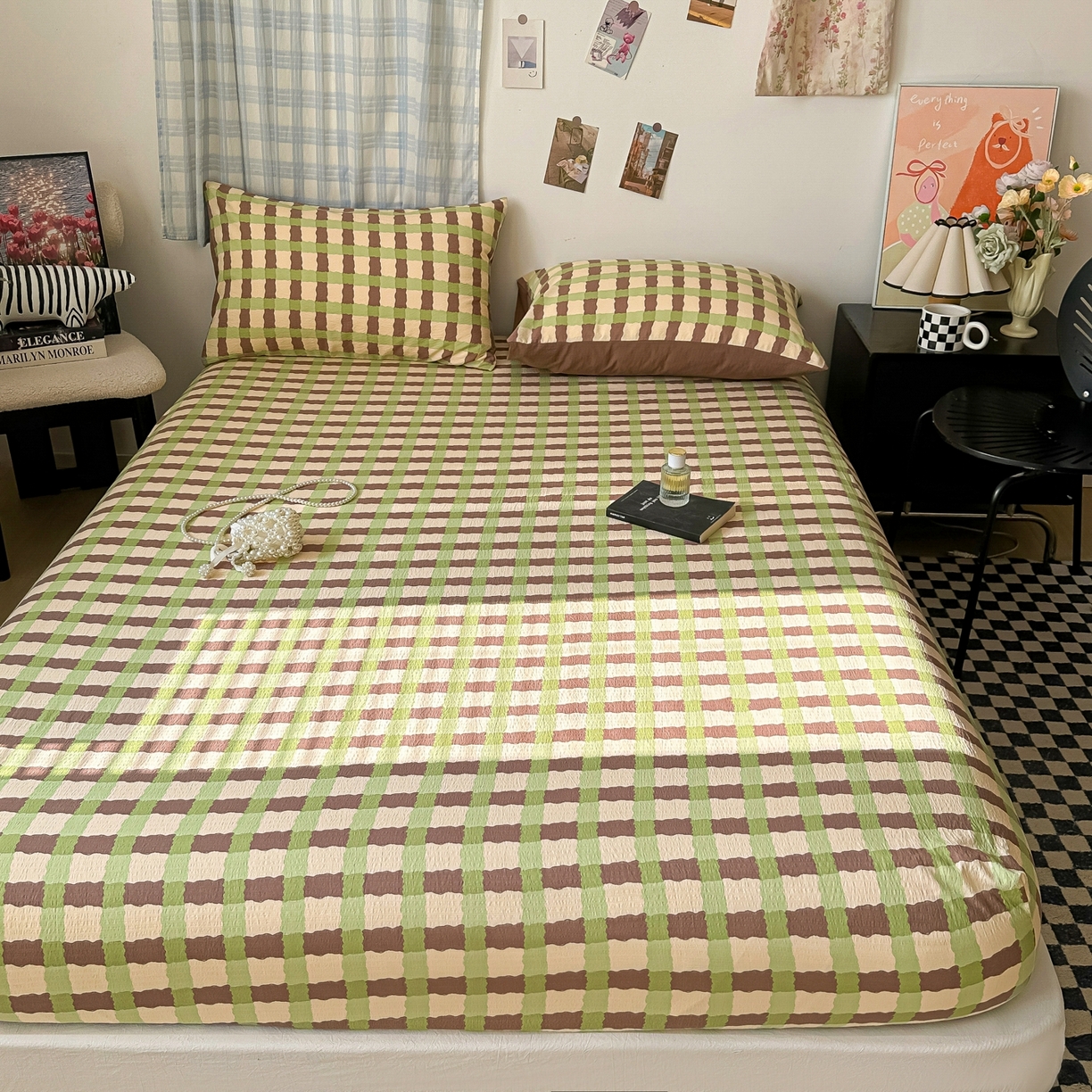 91家纺网 家纺一手货源 找家纺 繁花家居 2026新款泡芙棉云感木棉邹邹纱单床笠床单单件学生床 复古拼格