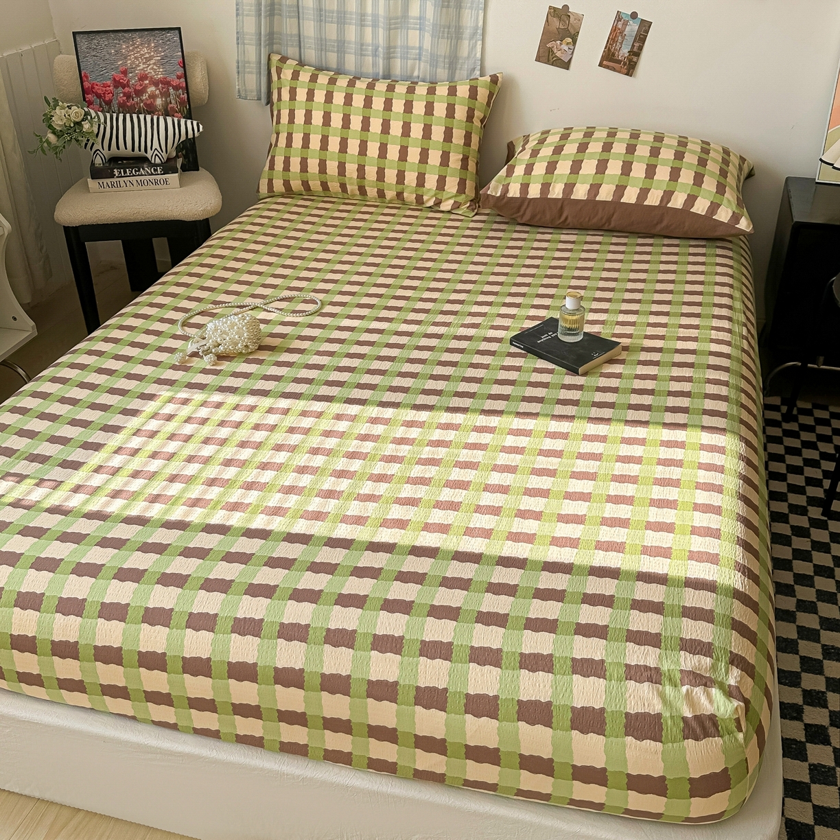 91家纺网 家纺一手货源 找家纺 繁花家居 2026新款泡芙棉云感木棉邹邹纱单床笠床单单件学生床 复古拼格