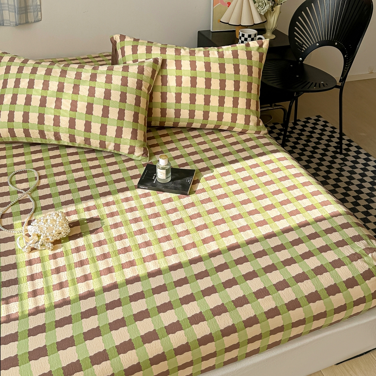 91家纺网 家纺一手货源 找家纺 繁花家居 2026新款泡芙棉云感木棉邹邹纱单床笠床单单件学生床 复古拼格