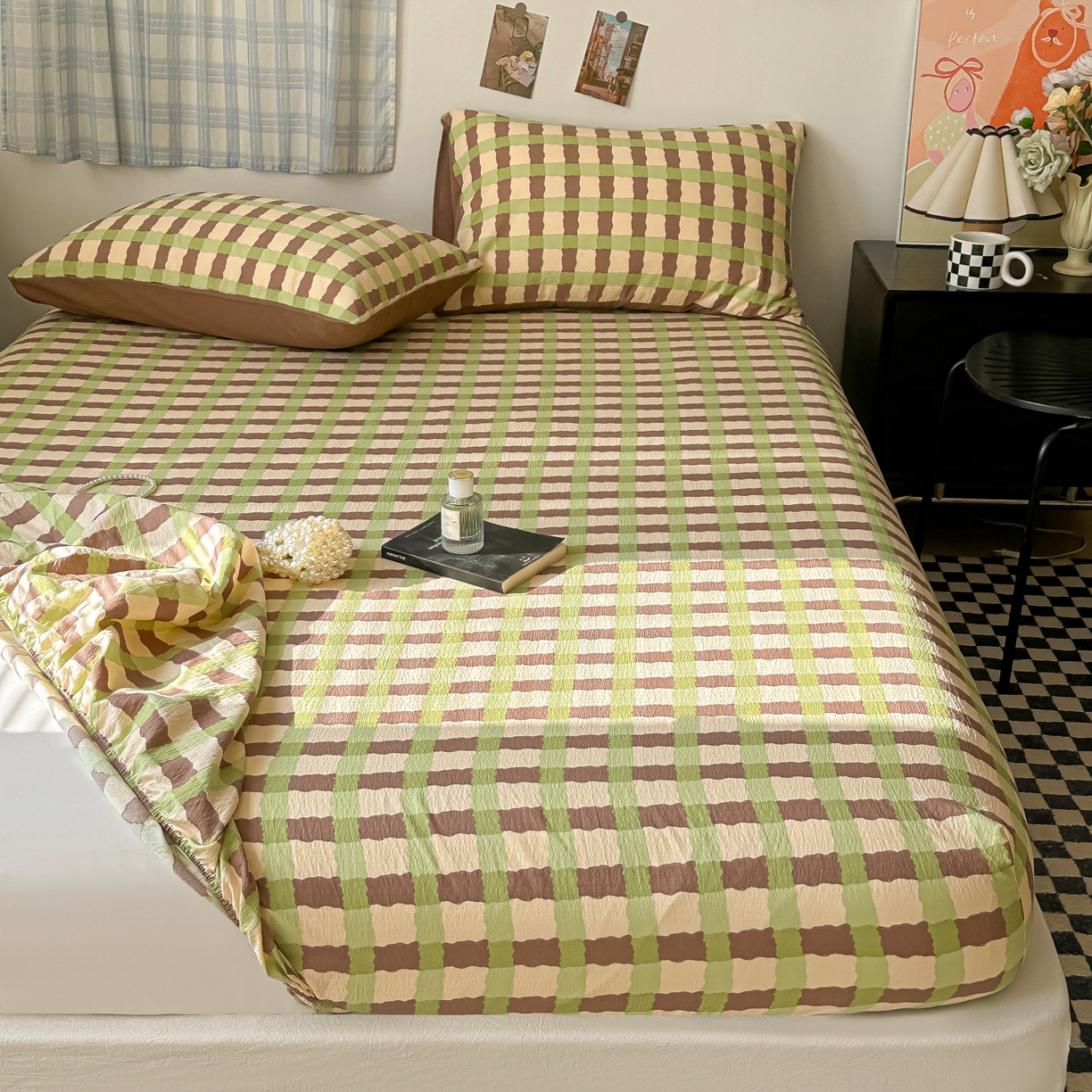 91家纺网 家纺一手货源 找家纺 繁花家居 2026新款泡芙棉云感木棉邹邹纱单床笠床单单件学生床 复古拼格