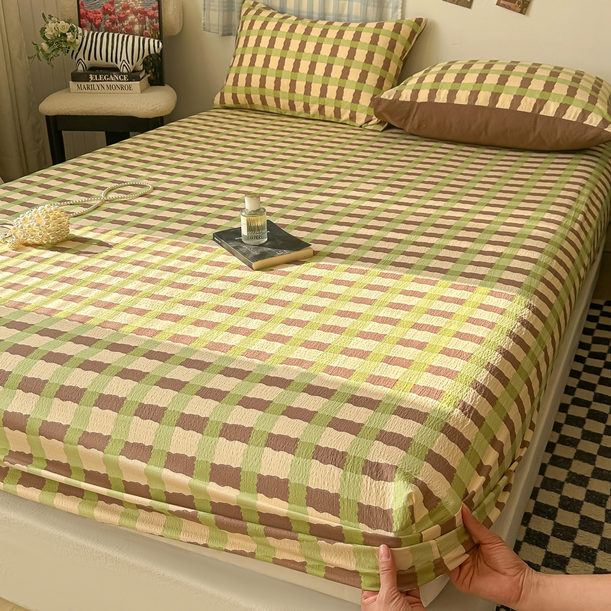 91家纺网 家纺一手货源 找家纺 繁花家居 2026新款泡芙棉云感木棉邹邹纱单床笠床单单件学生床 复古拼格