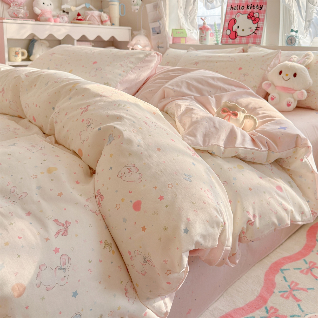 名兮家居 2026跑量款全棉印花四件套 奶油兔兔