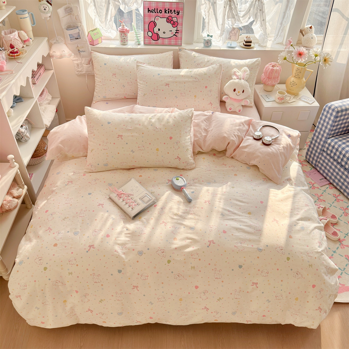 91家纺网 家纺一手货源 找家纺 名兮家居 2026跑量款全棉印花四件套 奶油兔兔