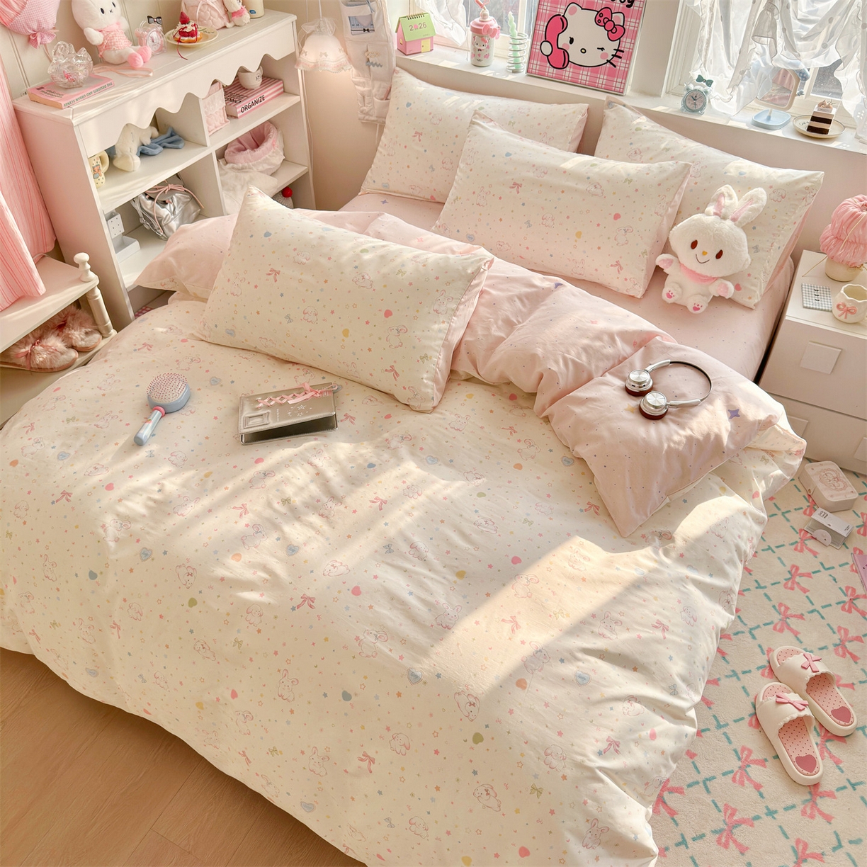 91家纺网 家纺一手货源 找家纺 名兮家居 2026跑量款全棉印花四件套 奶油兔兔