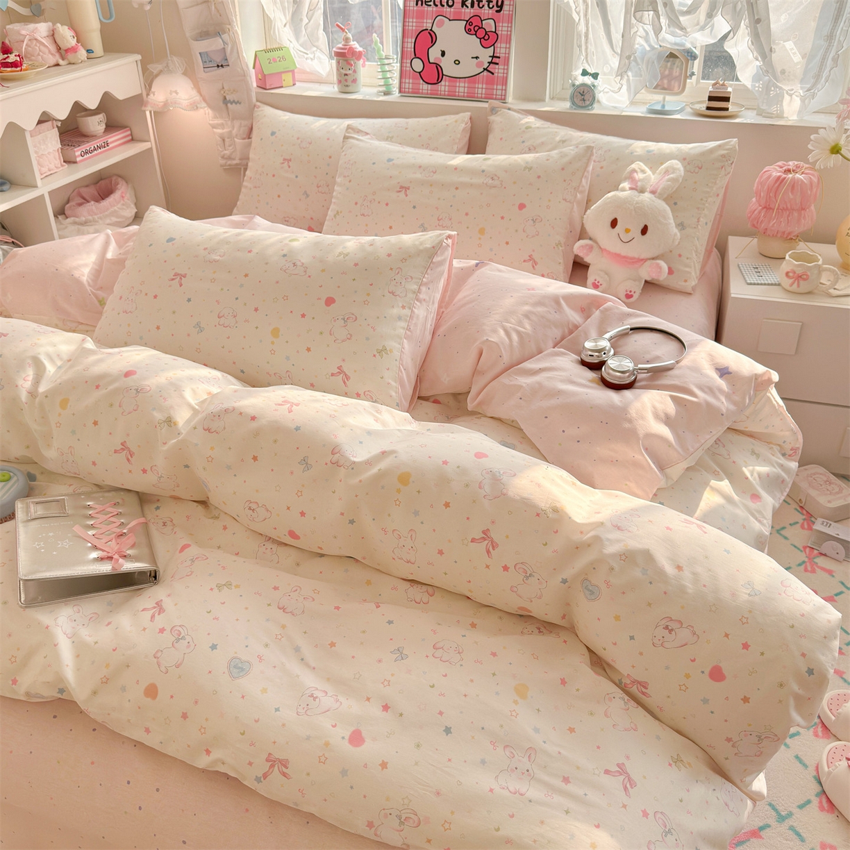 91家纺网 家纺一手货源 找家纺 名兮家居 2026跑量款全棉印花四件套 奶油兔兔