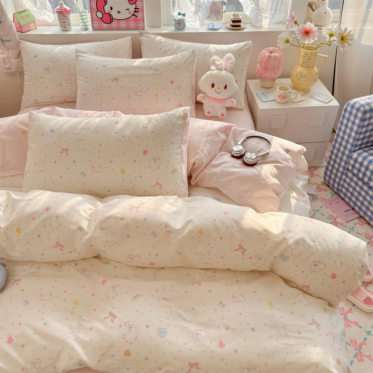 91家纺网 家纺一手货源 找家纺 名兮家居 2026跑量款全棉印花四件套 奶油兔兔